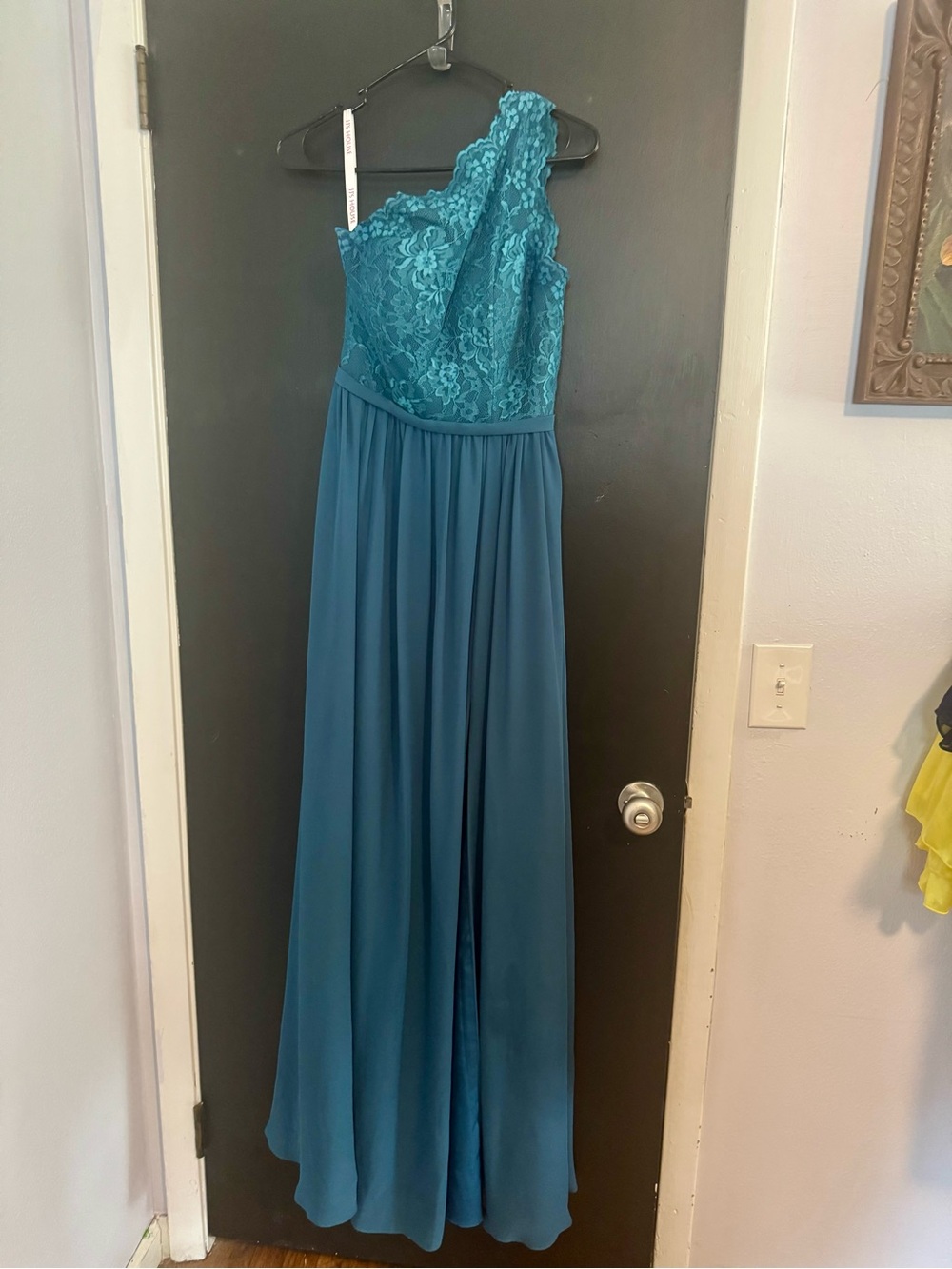 One-Shoulder Teal Lace & Chiffon Evening Dress
